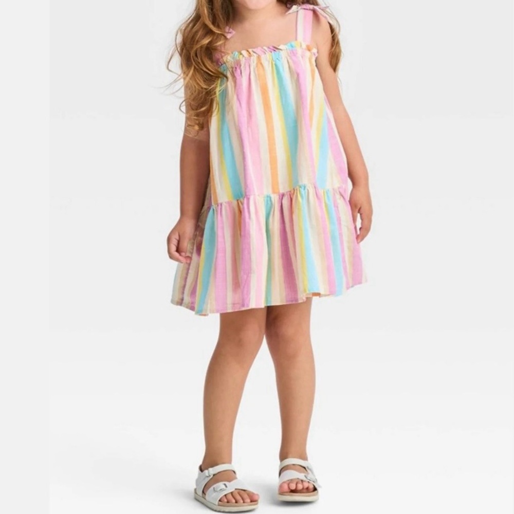 Cat & Jack Pastel Rainbow Stripe Tie-Shoulder Casual Dress